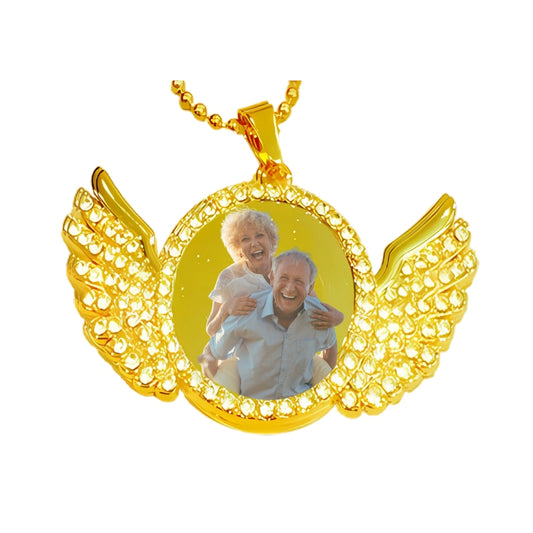 Gold Angel Wing Pendant Crystal Encrusted Photo Necklace