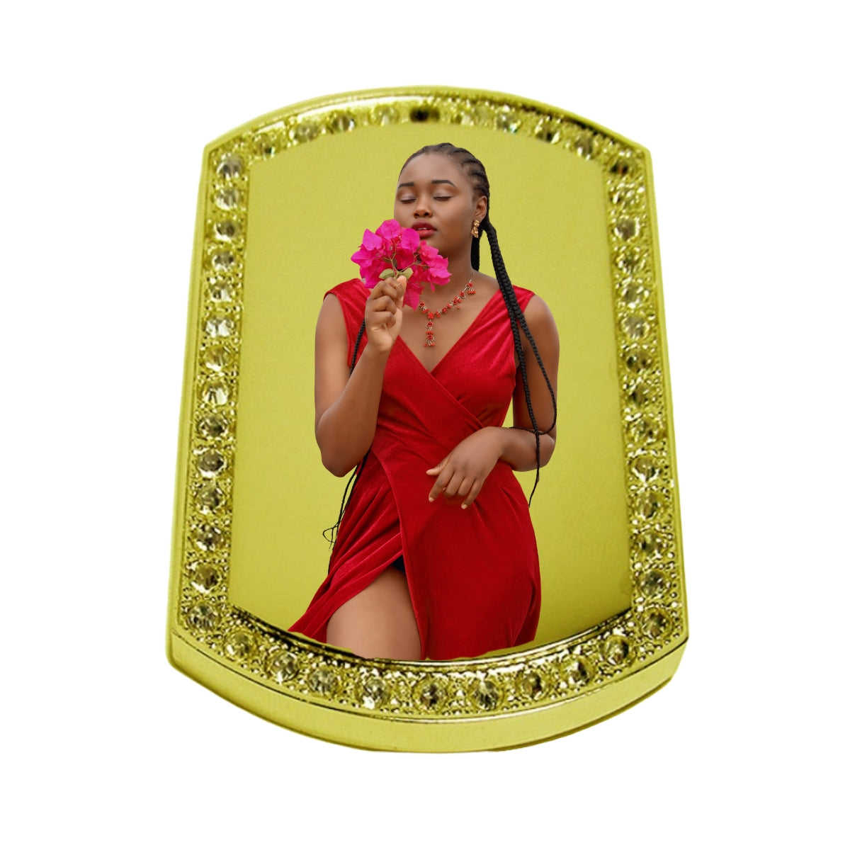 Gold Large Memorial Necklace Dog Tag Crystal Border Keepsake Pendant
