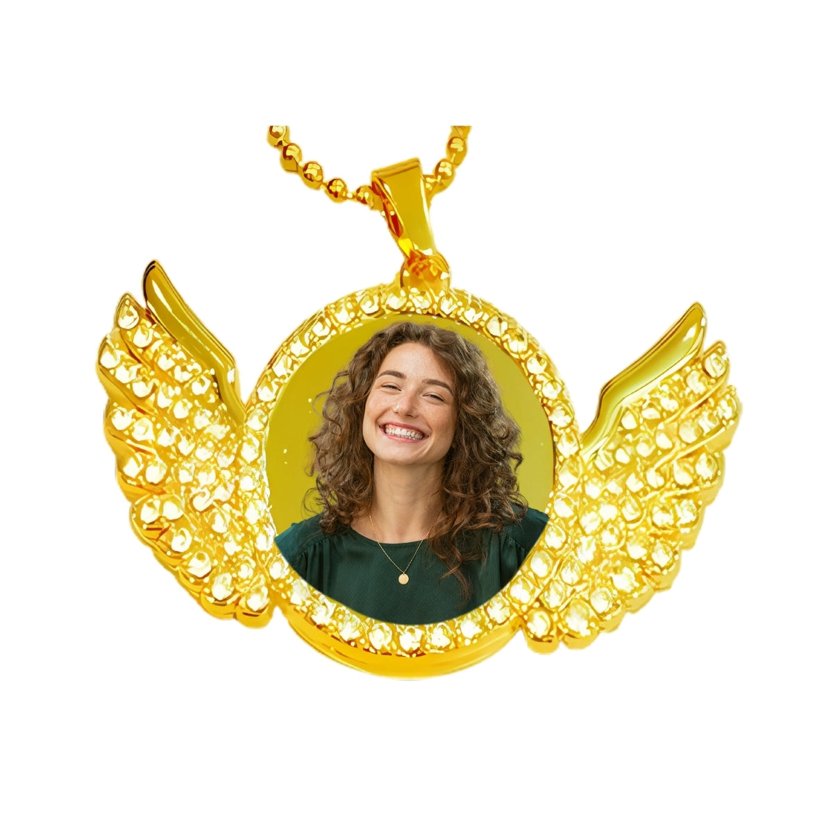 Gold Angel Wing Pendant Crystal Encrusted Photo Necklace
