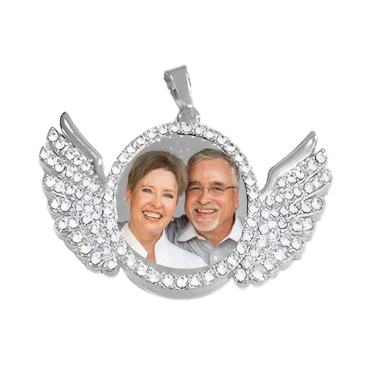 Silver Angel Wing Pendant Crystal Encrusted Photo Necklace