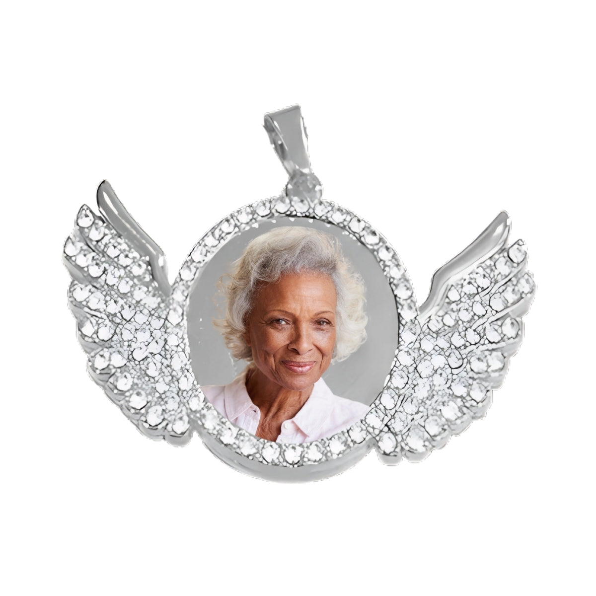 Silver Angel Wing Pendant Crystal Encrusted Photo Necklace