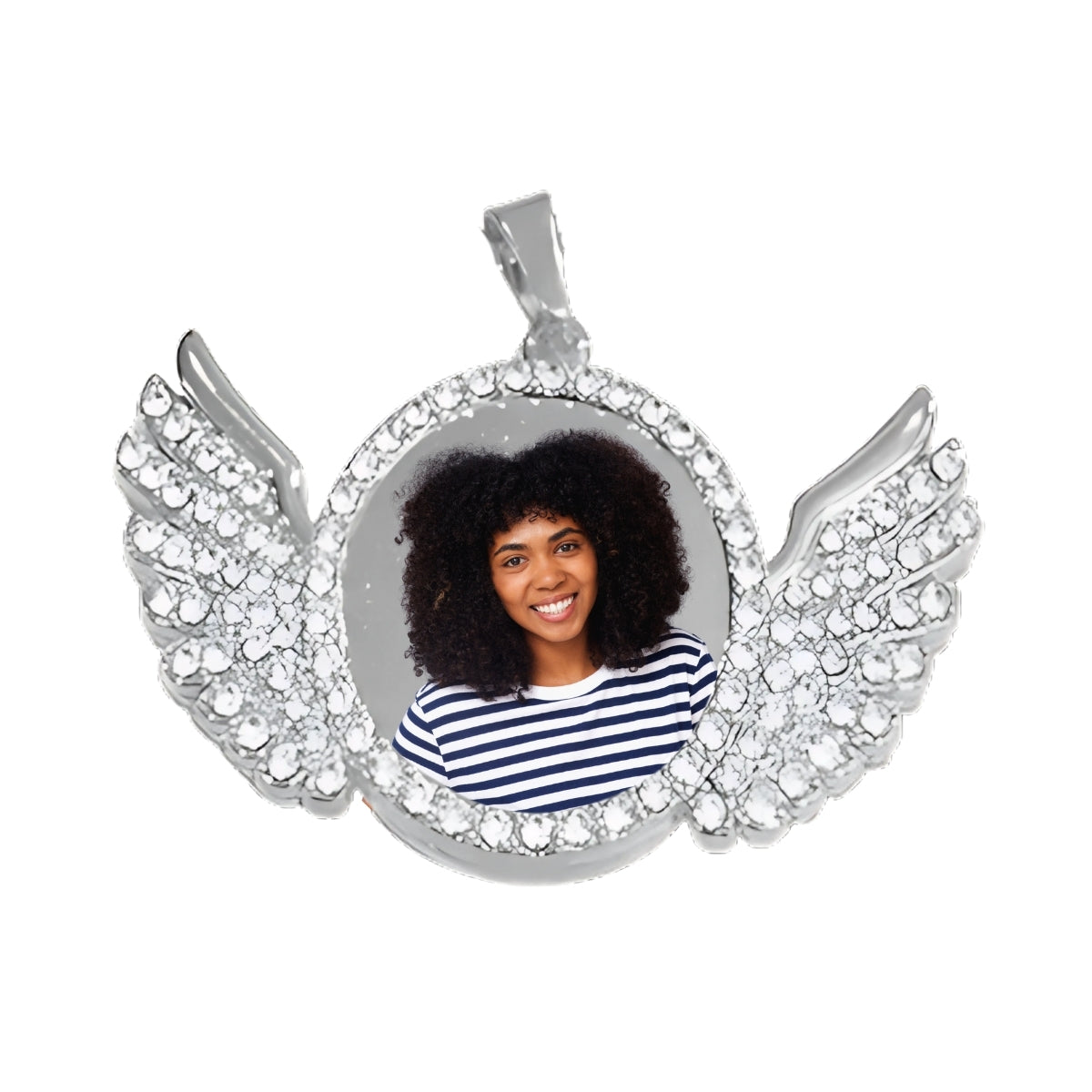 Silver Angel Wing Pendant Crystal Encrusted Photo Necklace