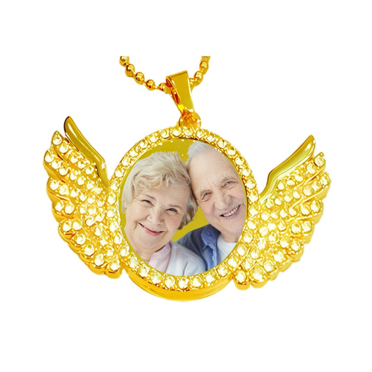 Gold Angel Wing Memorial Necklace Custom Photo Pendant with Crystals