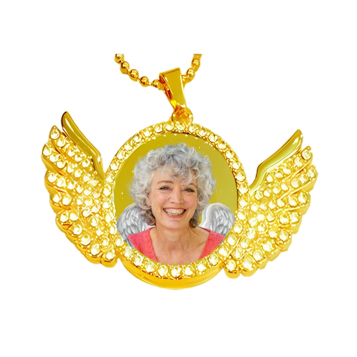 Gold Angel Wing Memorial Necklace Custom Photo Pendant with Crystals