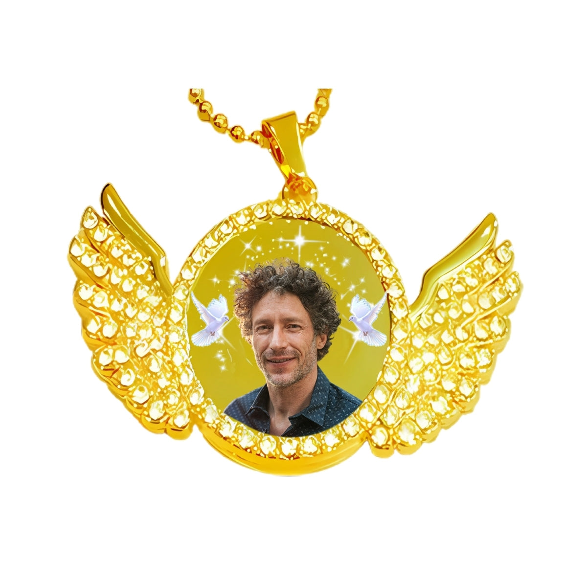 Gold Angel Wing Memorial Necklace Custom Photo Pendant with Crystals