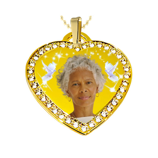 Gold Small Heart Memorial Necklace Custom Photo Pendant with Crystals