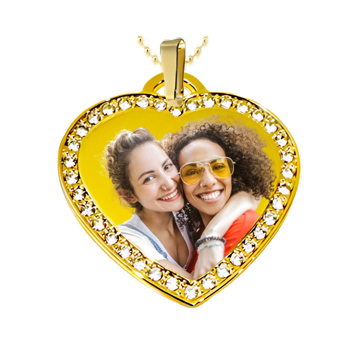 Gold Big Heart Pendant Custom Photo Necklace with Crystal Border best friends