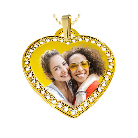Gold Big Heart Pendant Custom Photo Necklace with Crystal Border best friends