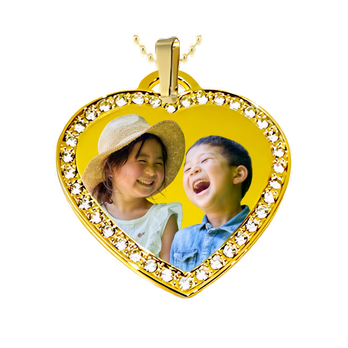 Gold Big Heart Pendant Custom Photo Necklace with Crystal Border