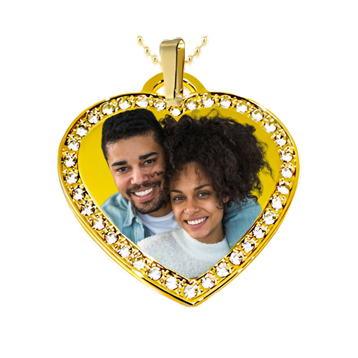 Gold Big Heart Pendant Custom Photo Necklace with Crystal Border