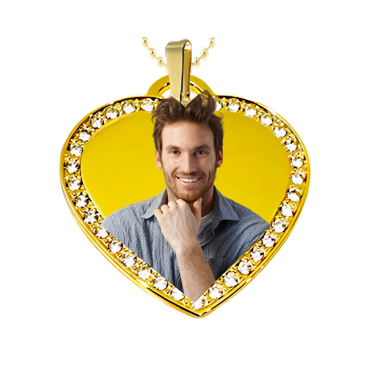 Gold Big Heart Pendant Custom Photo Necklace with Crystal Border
