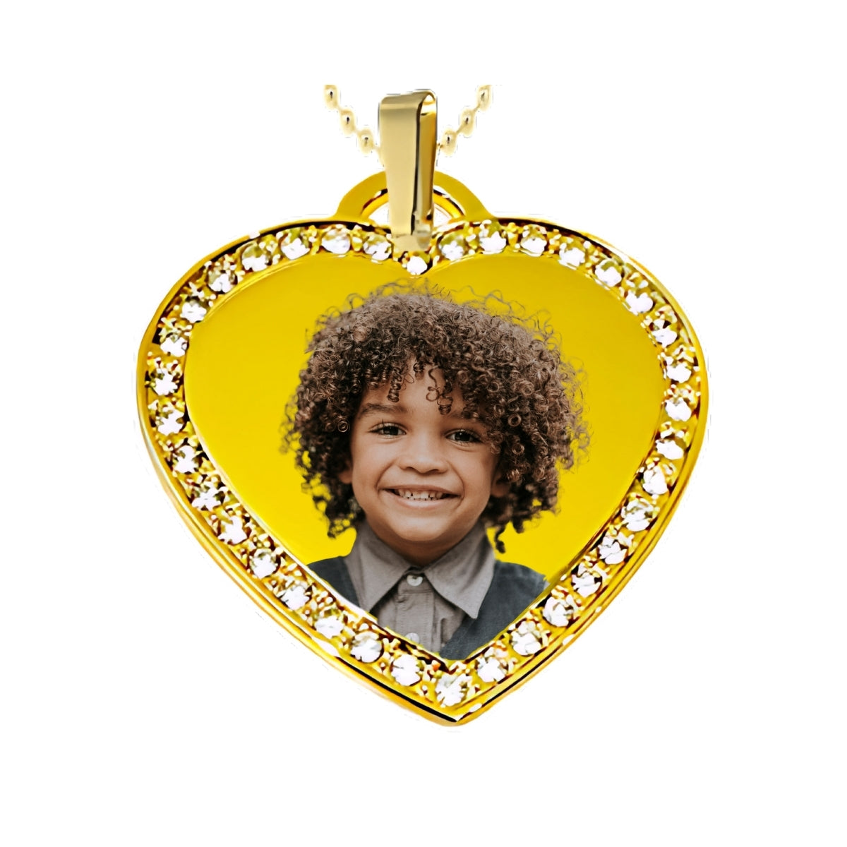 Gold Big Heart Pendant Custom Photo Necklace with Crystal Border