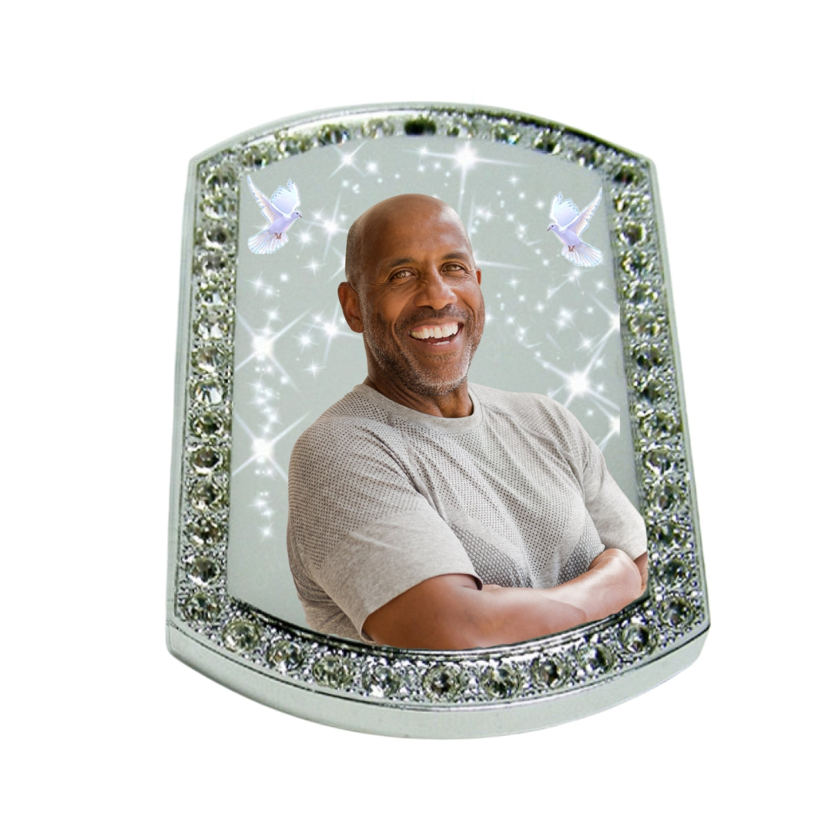 Silver Large Memorial Necklace Dog Tag Crystal Border Photo Keepsake Pendant