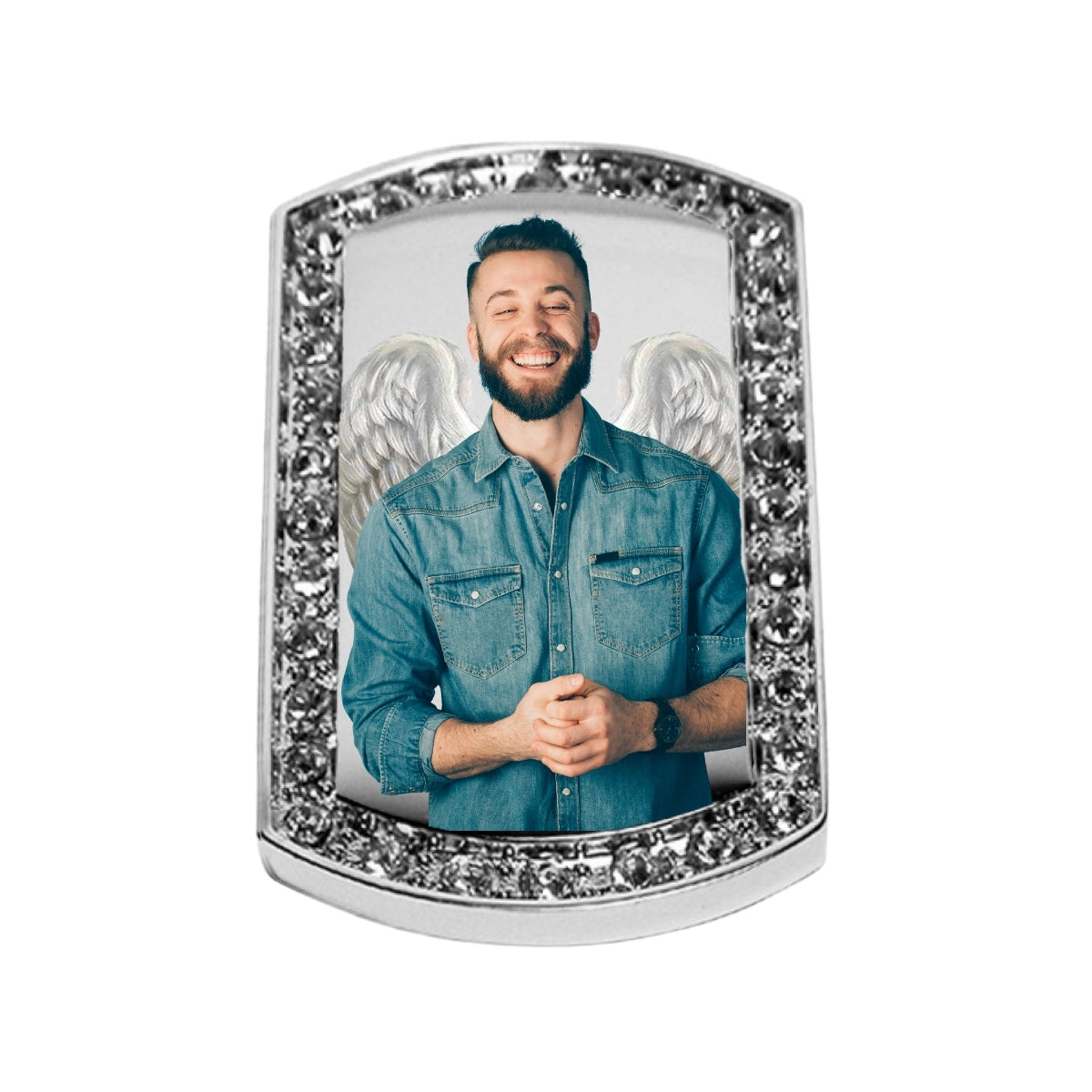 Silver Dog Tag Memorial Necklace Photo Keepsake Pendant with Crystals