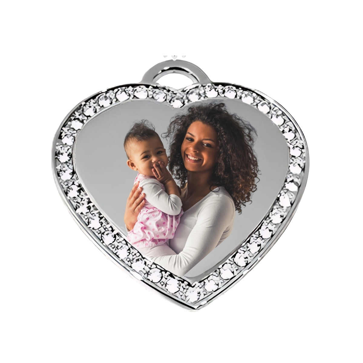 Silver Big Heart Pendant – Custom Photo Necklace with Crystal Border