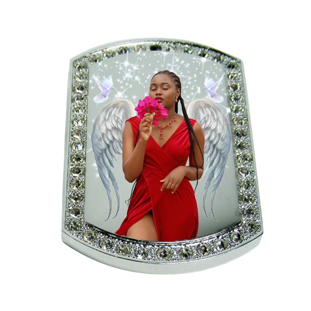 Silver Large Memorial Necklace Dog Tag Crystal Border Photo Keepsake Pendant