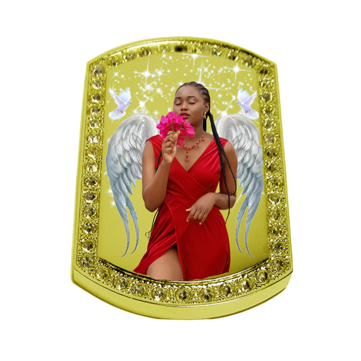 Gold Large Memorial Necklace Dog Tag Crystal Border Keepsake Pendant