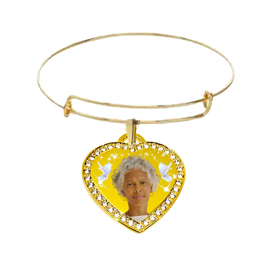 Custom Gold Heart Pendant Memorial Bracelet with older lady, birds, and stars