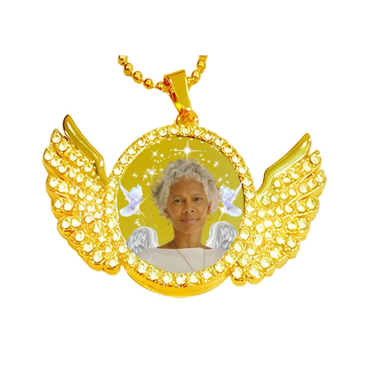 Gold Angel Wing Memorial Necklace Custom Photo Pendant with Crystals Birds, stars, angel wings grandma