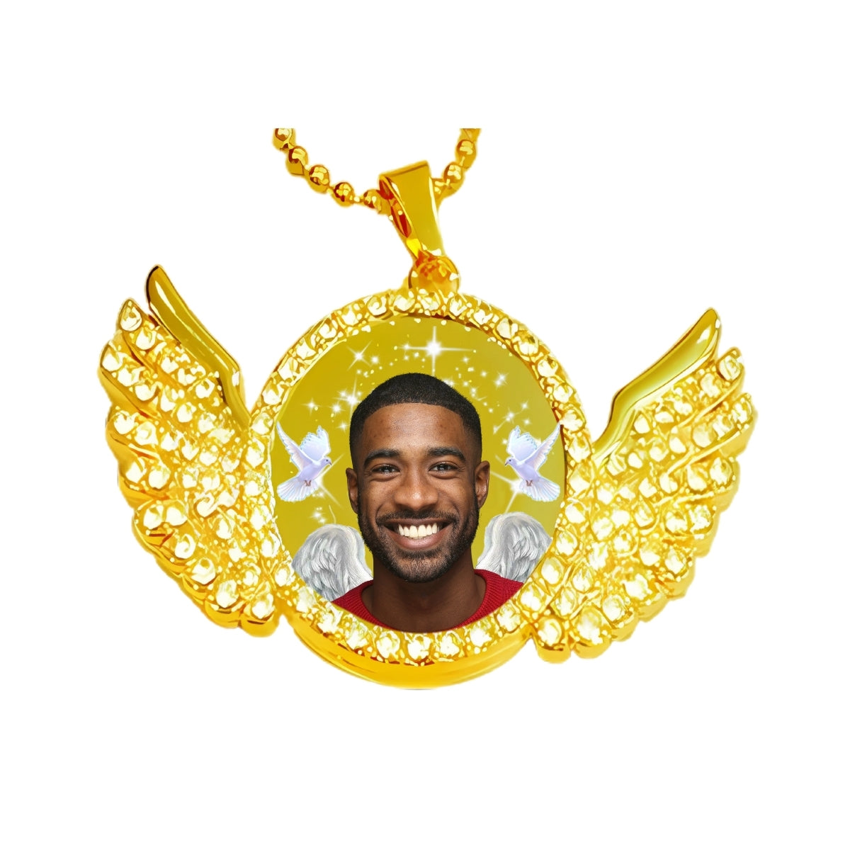 Gold Angel Wing Memorial Necklace Custom Photo Pendant with Crystals