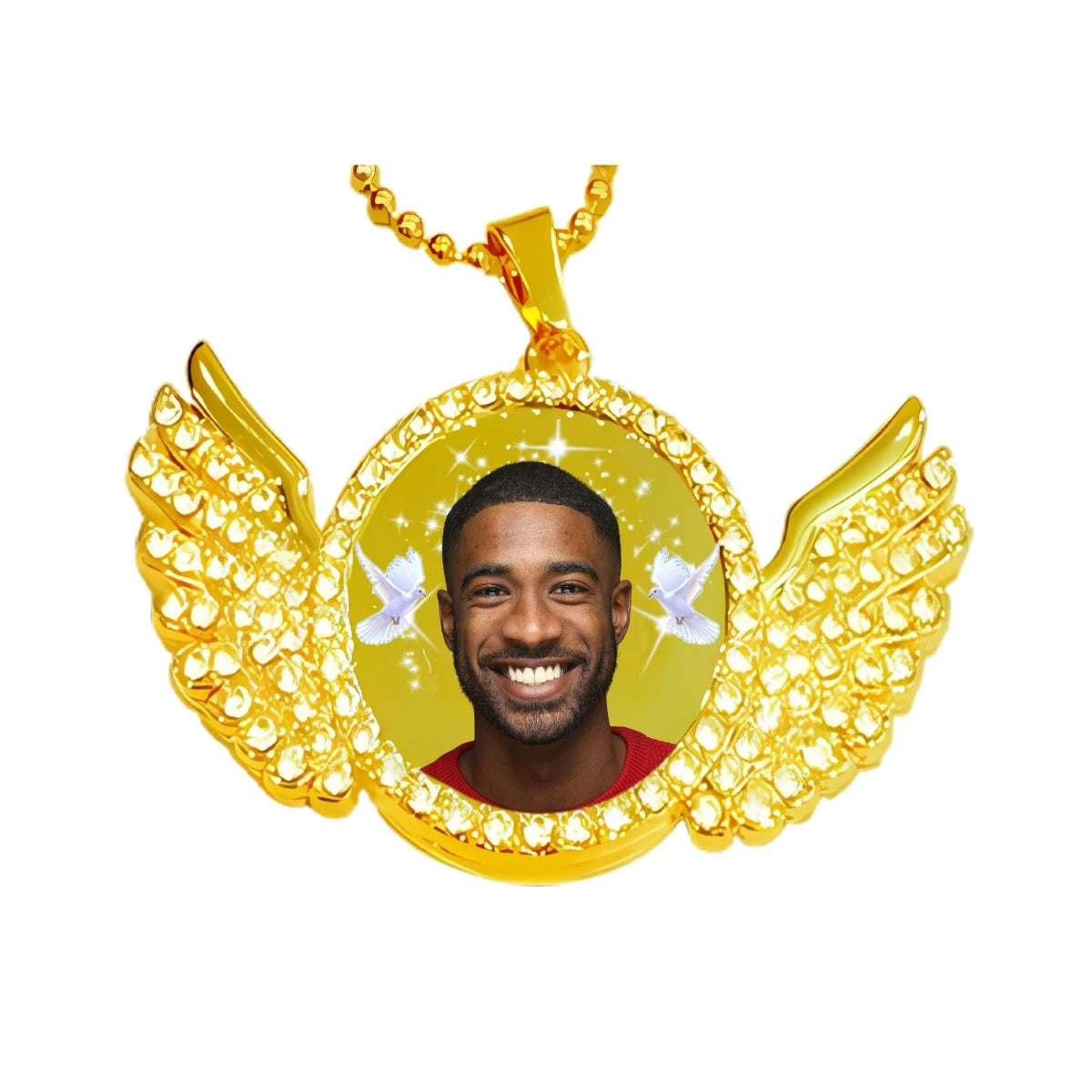 Gold Angel Wing Memorial Pendant Necklace Custom with stars and birds pic