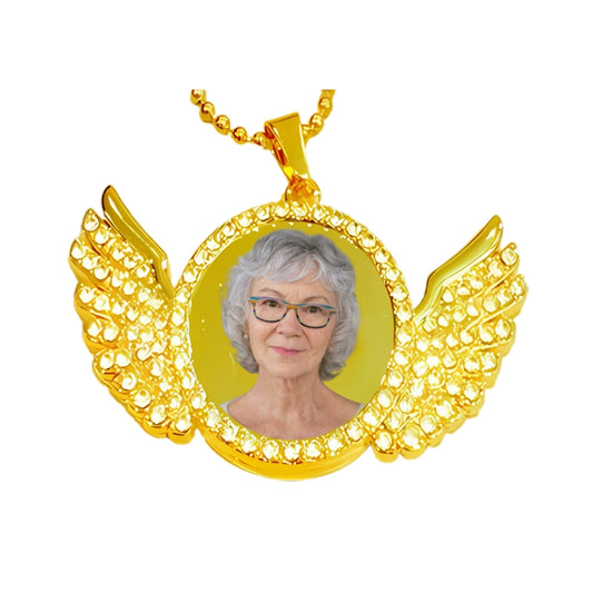 Gold Angel Wing Pendant Crystal Encrusted Photo Necklace lady