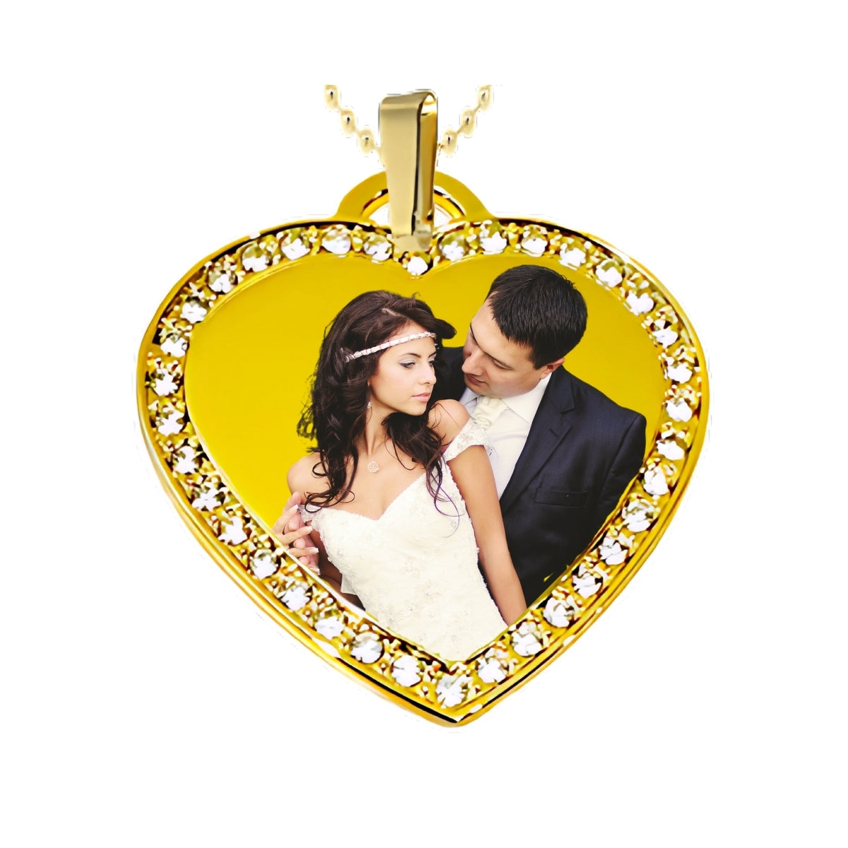 Gold Big Heart Pendant Custom Photo Necklace with Crystal Border couple