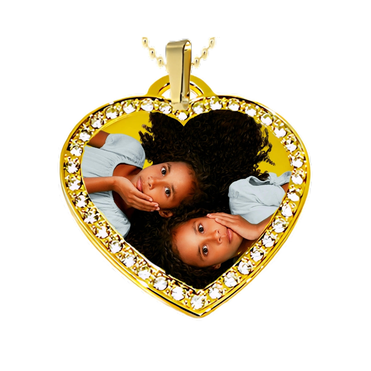 Gold Big Heart Pendant Custom Photo Necklace with Crystal Border twins