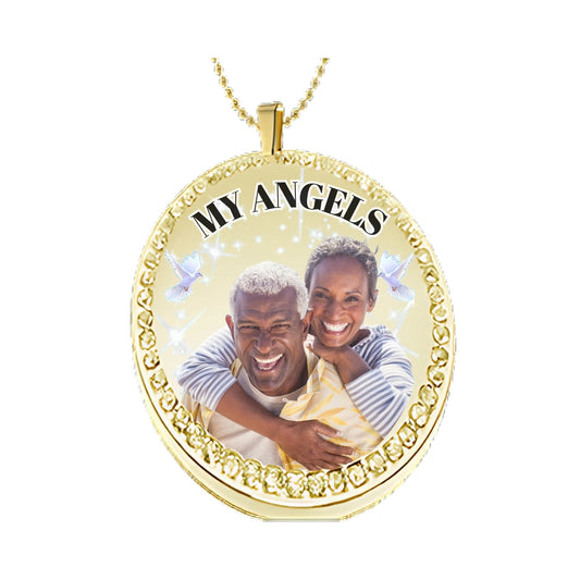 Gold Circle Memorial Necklace – Custom Photo Pendant with Crystals Text My Angels with Couple