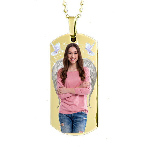 Gold Dog Tag Memorial Necklace Custom Keepsake Pendant angel wings, birds, and stars