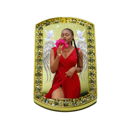 Gold Dog Tag Memorial Necklace Keepsake Pendant with Crystals angel wings birds and stars