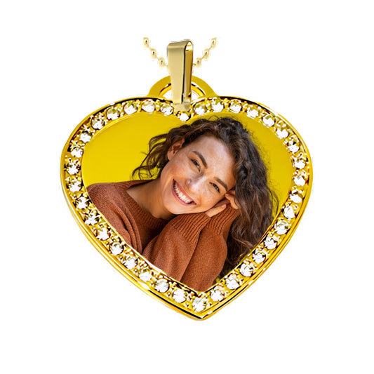Gold Heart Pendant Custom Photo Necklace with Crystal Border woman
