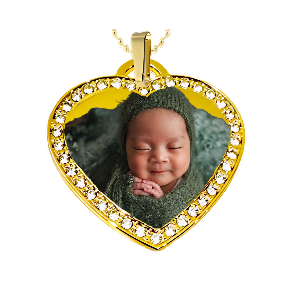 Gold Heart Pendant Custom Photo Necklace with Crystal Border baby picture