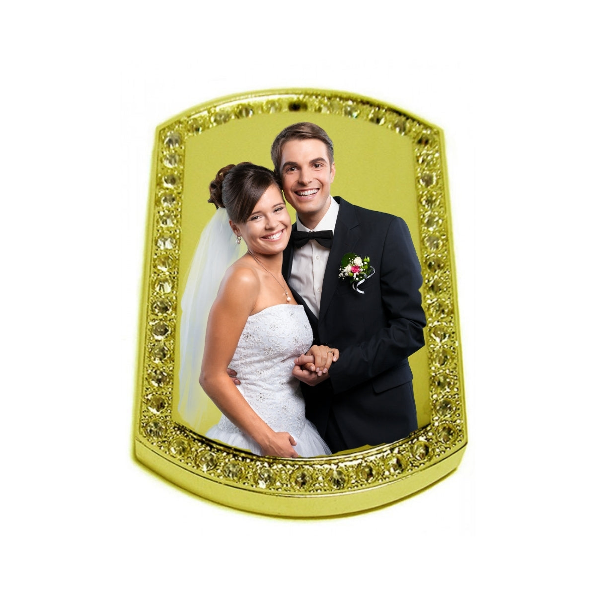 Gold Large Dog Tag Pendant with Crystal Border Custom Photo Necklace wedding photo