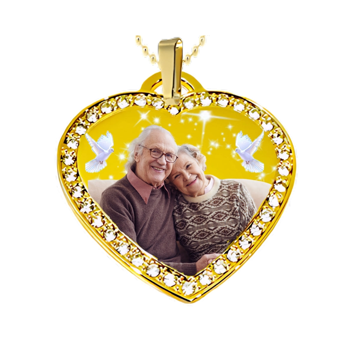 Gold Large Heart Memorial Necklace Custom Photo Pendant with Crystals Product Pics Birds and Stars