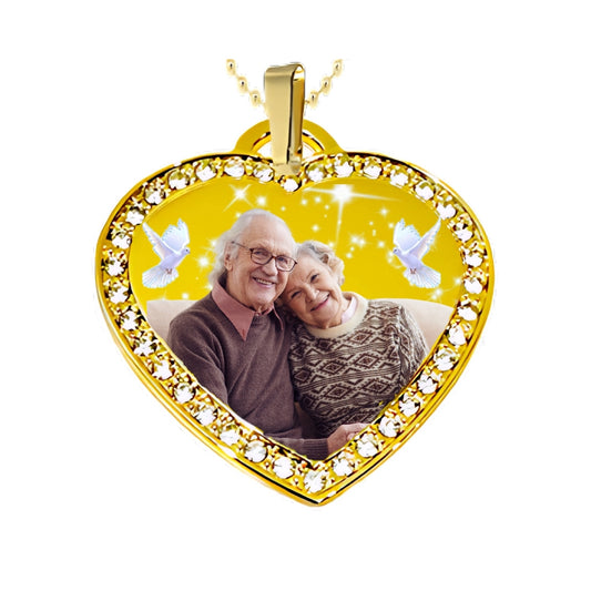 Gold Large Heart Memorial Necklace Custom Photo Pendant with Crystals Product Pics Birds and Stars