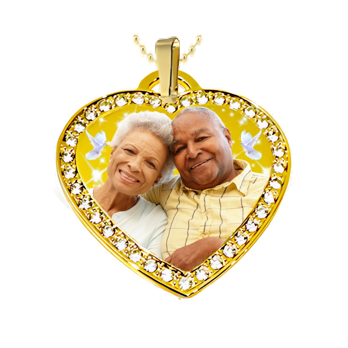 Gold Large Heart Memorial Necklace Custom Photo Pendant with Birds Stars and Angel Wings