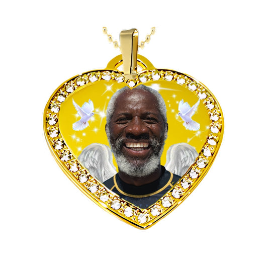 Gold Small Heart Memorial Necklace Custom Photo Pendant with Crystals Product Birds , Stars, Angel Wings
