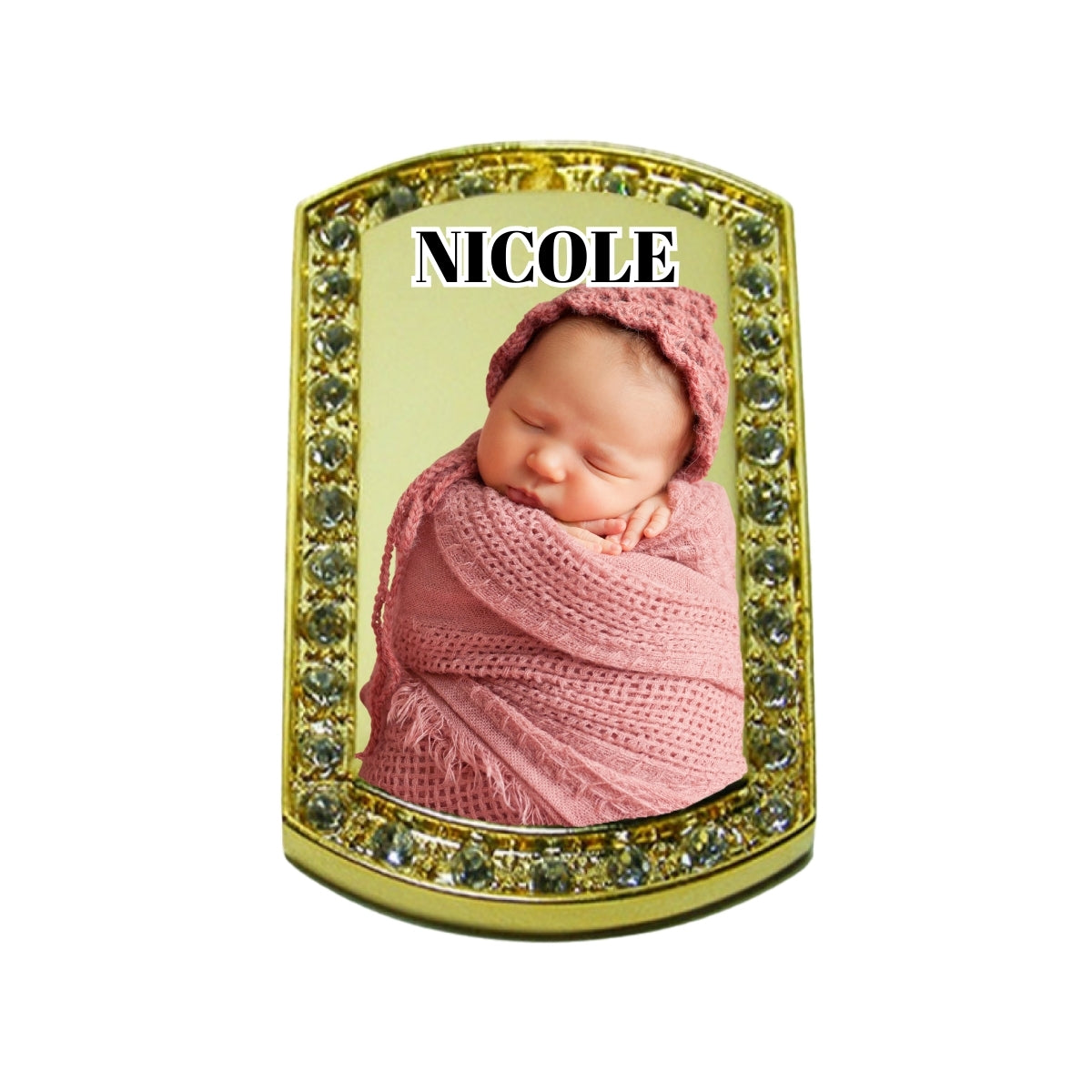 Gold dog tag pendant with rhinestone border custom 3D Photo with baby Text