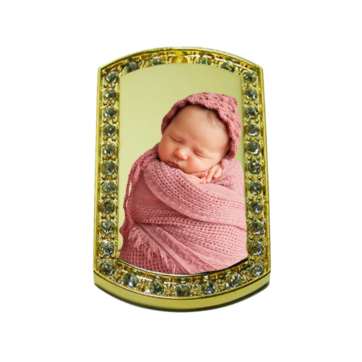 Gold dog tag pendant with rhinestone border custom 3D Photo with baby