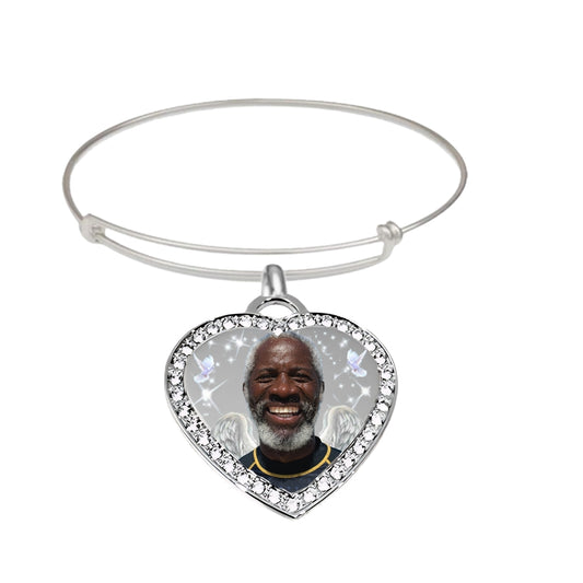 Photo Silver Heart Pendant Memorial Bracelet With Crystal Border angel wings, stars and birds design