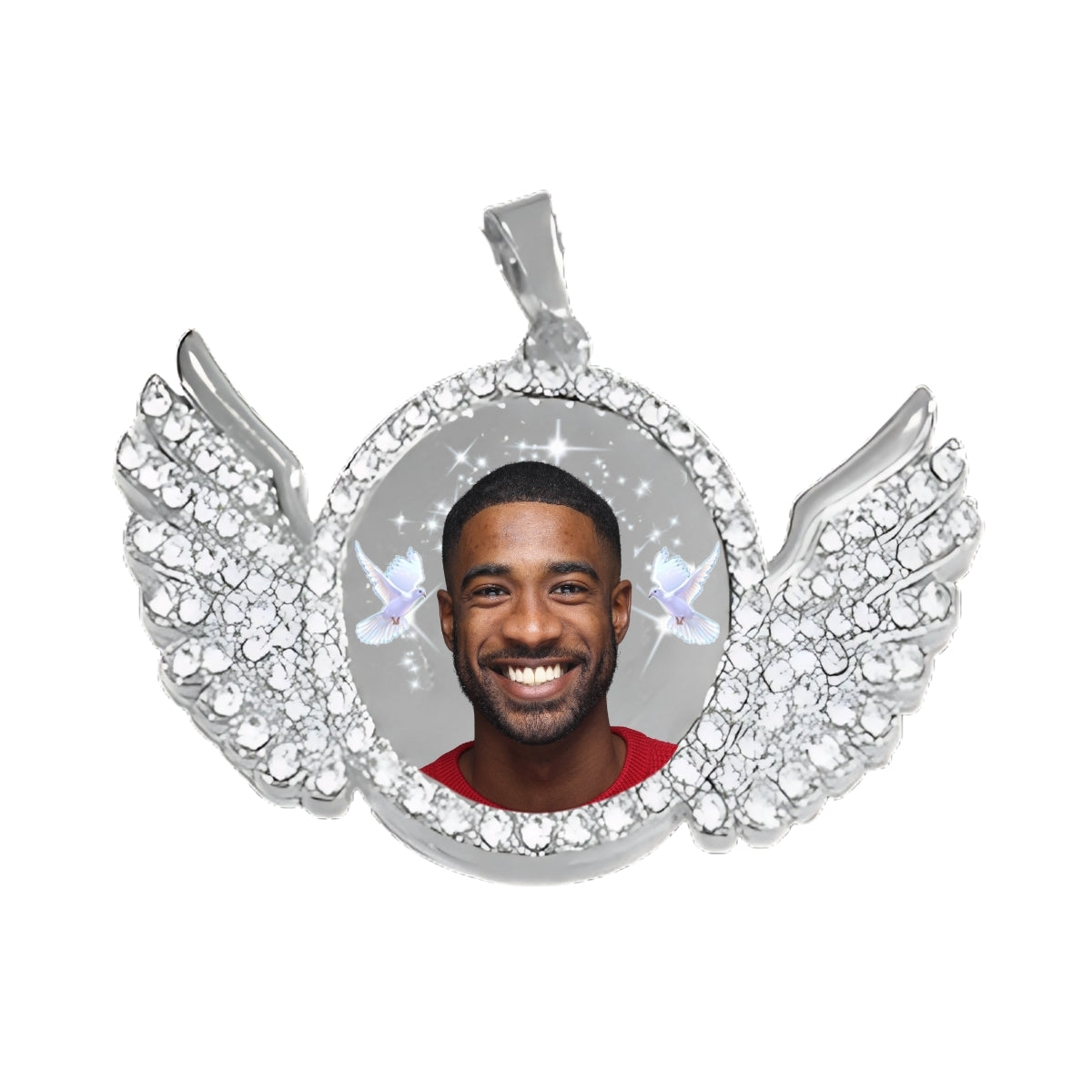 Silver Angel Wing Memorial Necklace Custom Photo Pendant with Stars and Birds
