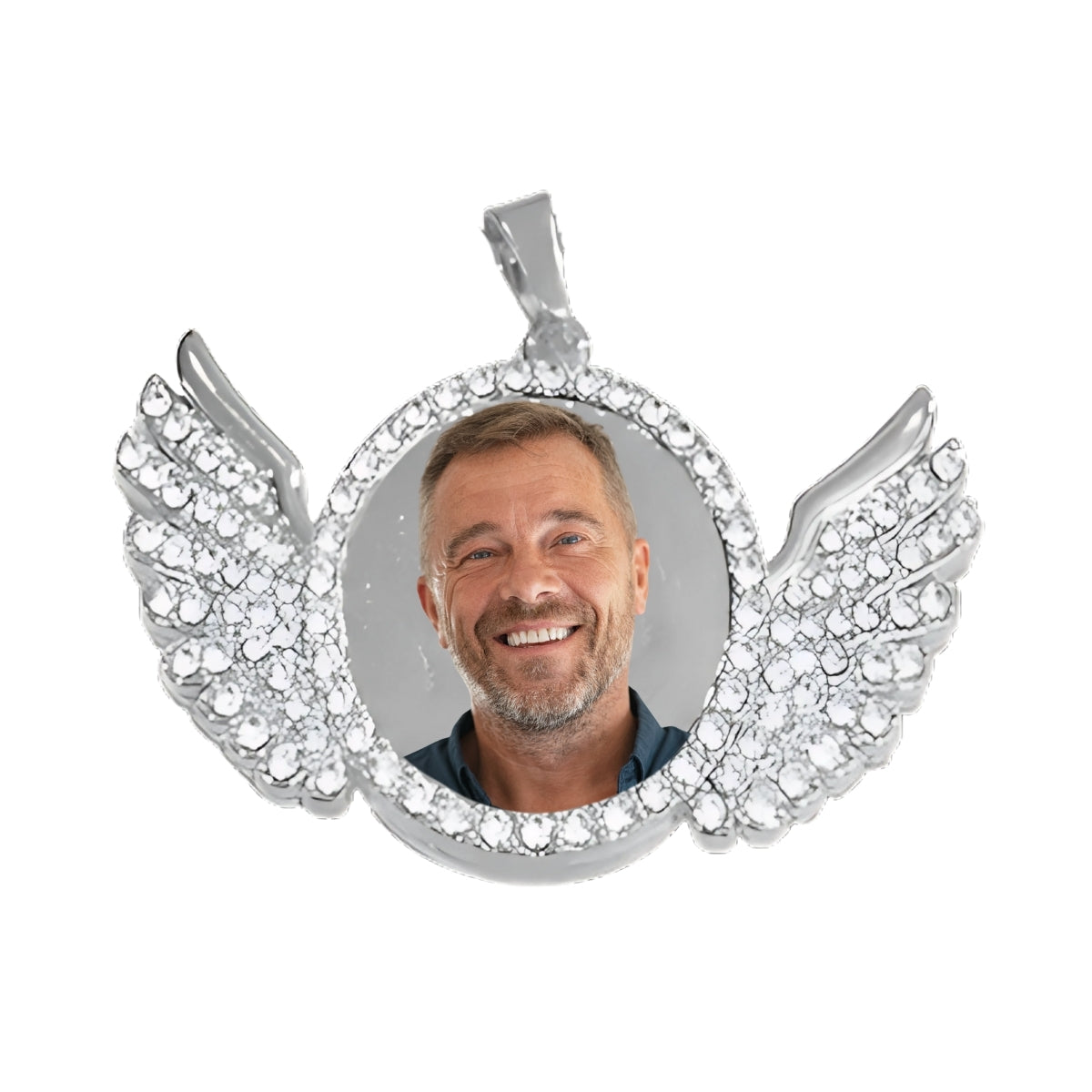 Silver Angel Wing Pendant Crystal Encrusted Photo Necklace Man