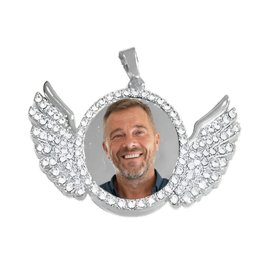 Silver Angel Wing Pendant Crystal Encrusted Photo Necklace Man