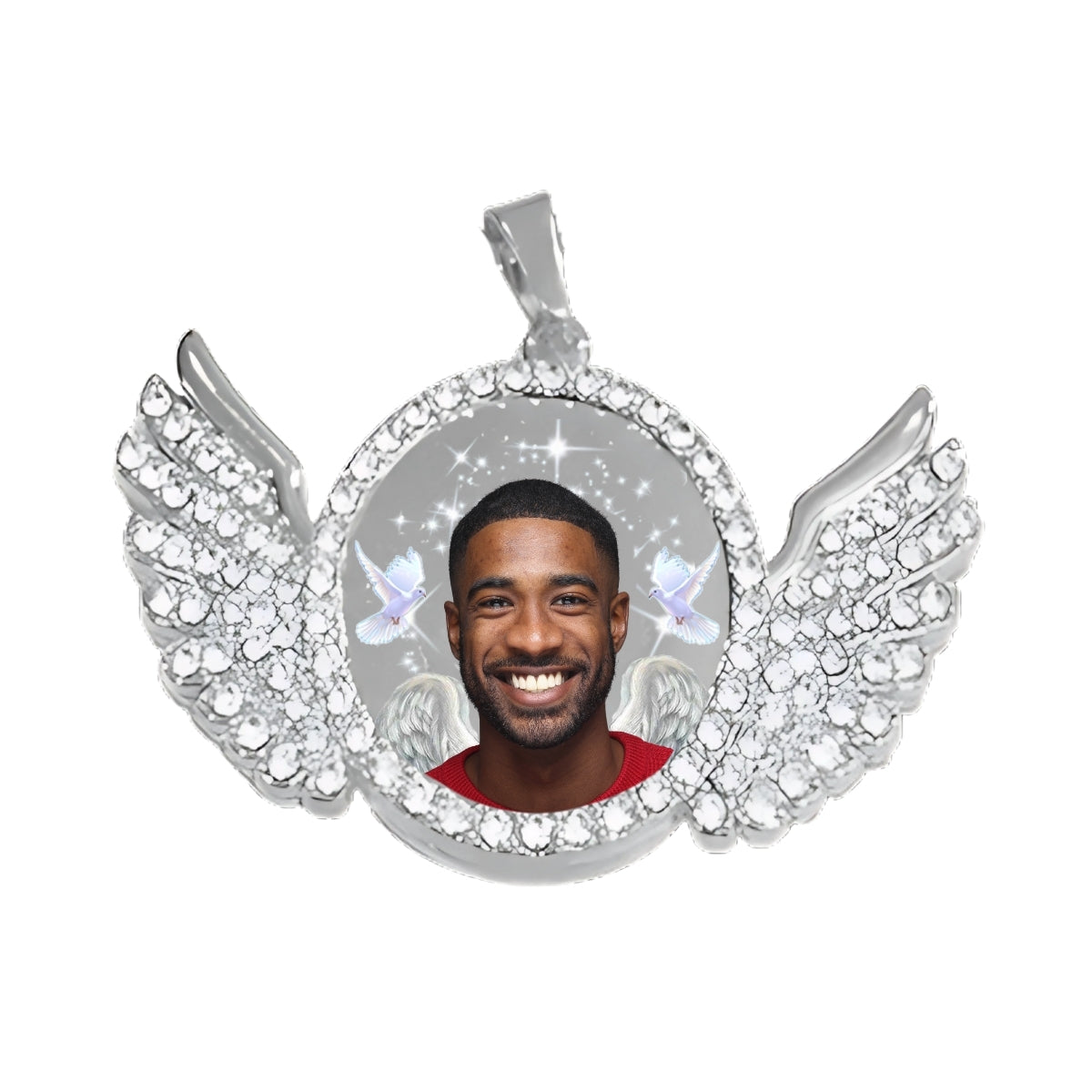 Silver Angel Wing Memorial Necklace Custom Photo Pendant with Crystals