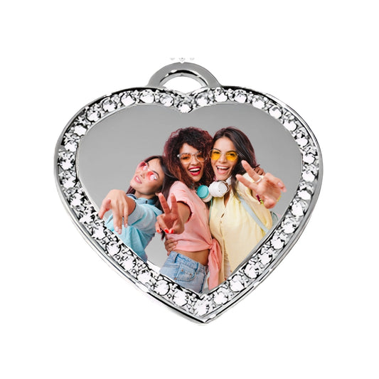 Silver Big Heart Pendant – Custom Photo Necklace with Crystal Border Friends
