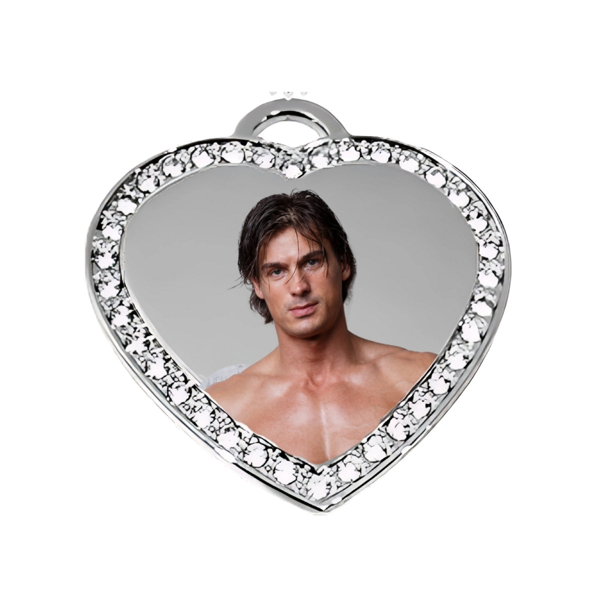 Silver Big Heart Pendant – Custom Photo Necklace with Crystal Border Man pic