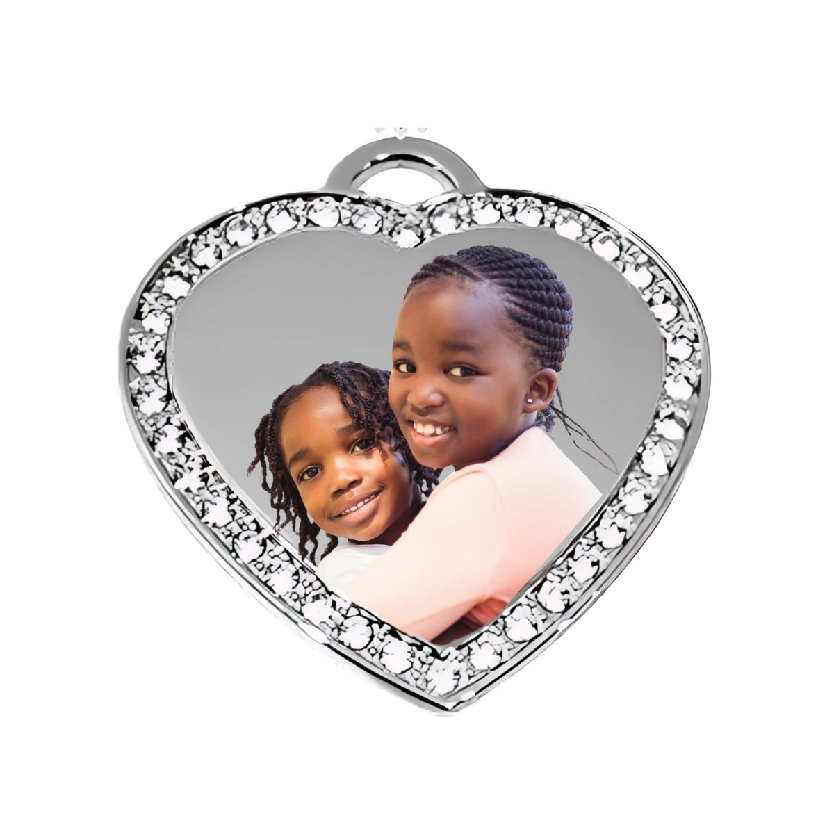 Silver Big Heart Pendant – Custom Photo Necklace with Crystal Border Siblings