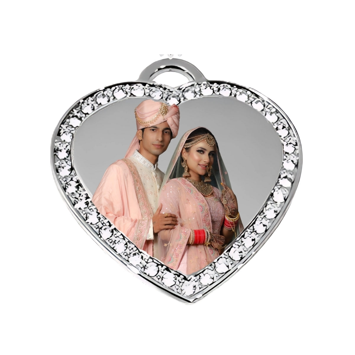 Silver Big Heart Pendant – Custom Photo Necklace with Crystal Border Wedding pic