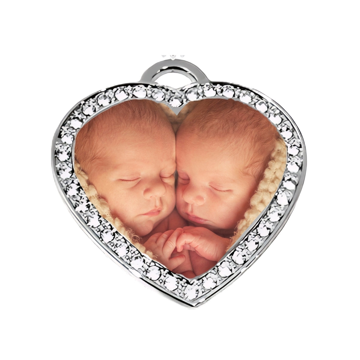 Silver Big Heart Pendant – Custom Photo Necklace with Crystal Border Baby Twins